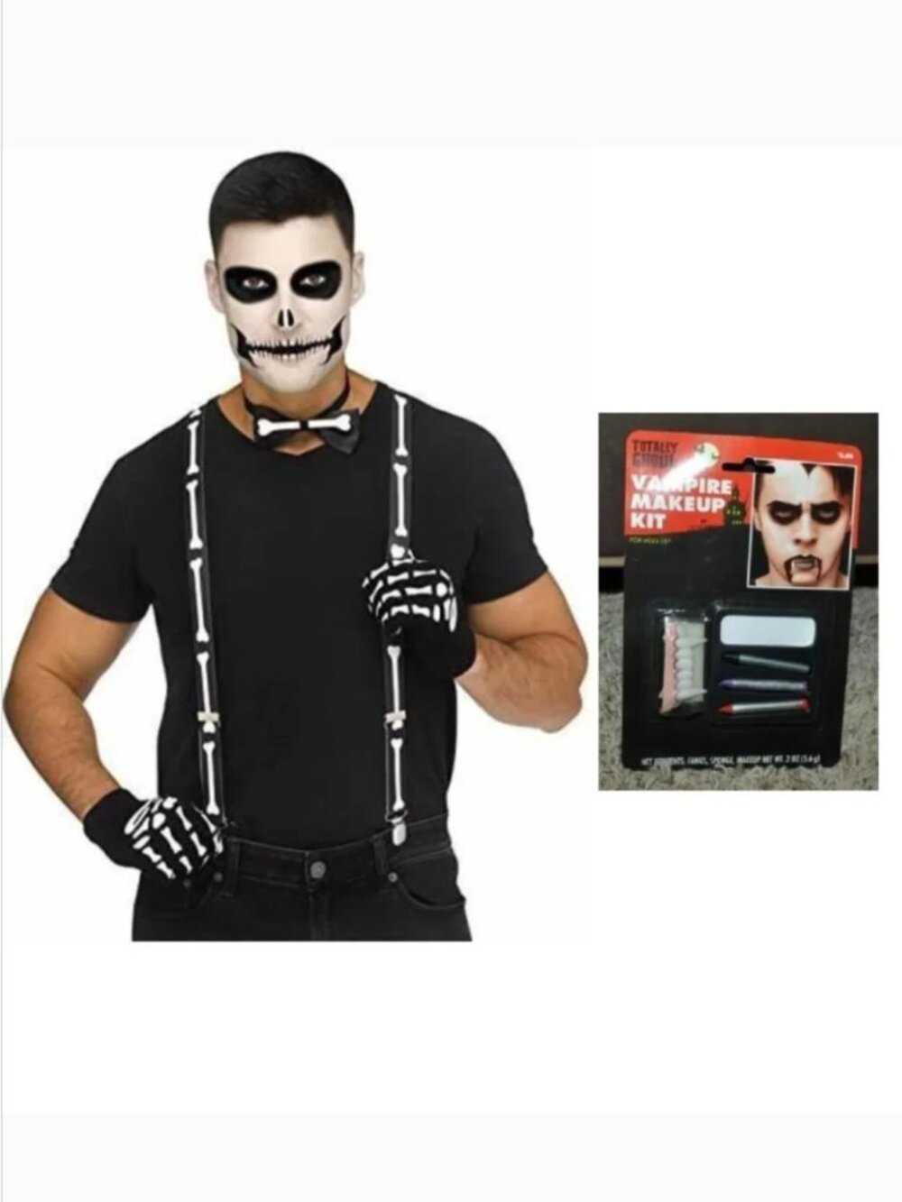 Skeleton Kit Bow Tie, Suspenders, Gloves, Makeup Halloween Costume Accessory 14+